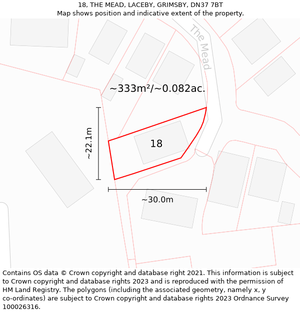 18, THE MEAD, LACEBY, GRIMSBY, DN37 7BT: Plot and title map