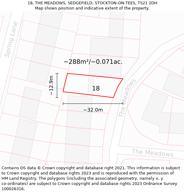 18, THE MEADOWS, SEDGEFIELD, STOCKTON-ON-TEES, TS21 2DH: Plot and title map