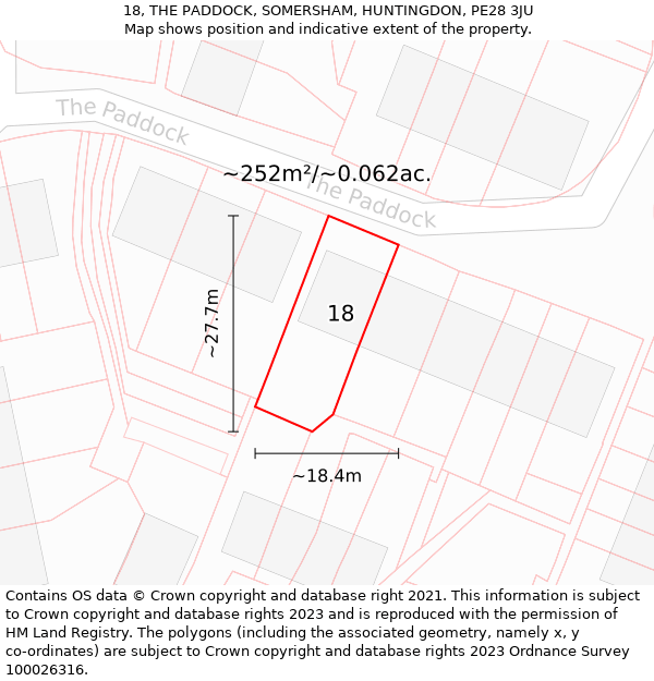 18, THE PADDOCK, SOMERSHAM, HUNTINGDON, PE28 3JU: Plot and title map