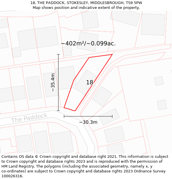 18, THE PADDOCK, STOKESLEY, MIDDLESBROUGH, TS9 5PW: Plot and title map