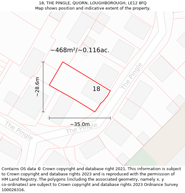 18, THE PINGLE, QUORN, LOUGHBOROUGH, LE12 8FQ: Plot and title map