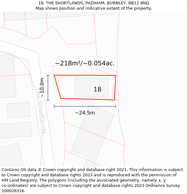 18, THE SHORTLANDS, PADIHAM, BURNLEY, BB12 8NQ: Plot and title map