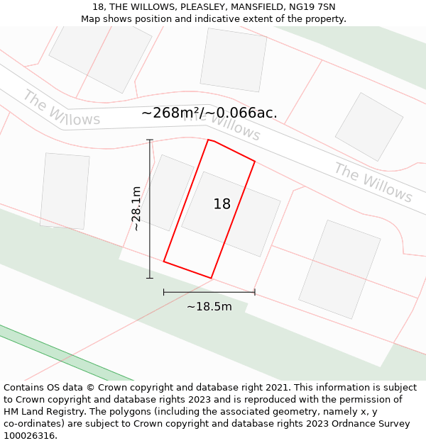 18, THE WILLOWS, PLEASLEY, MANSFIELD, NG19 7SN: Plot and title map