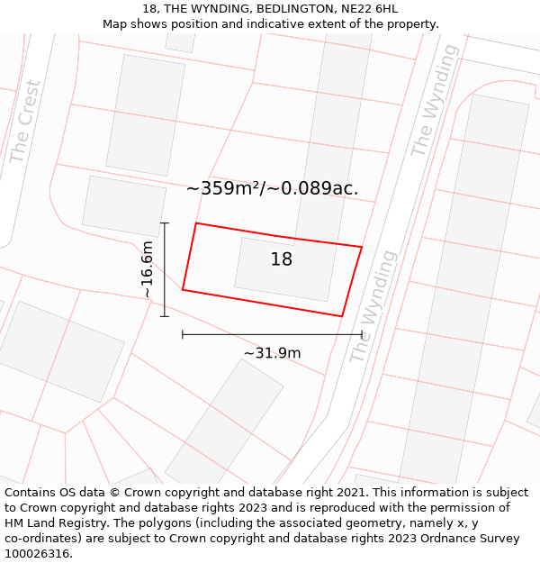 18, THE WYNDING, BEDLINGTON, NE22 6HL: Plot and title map