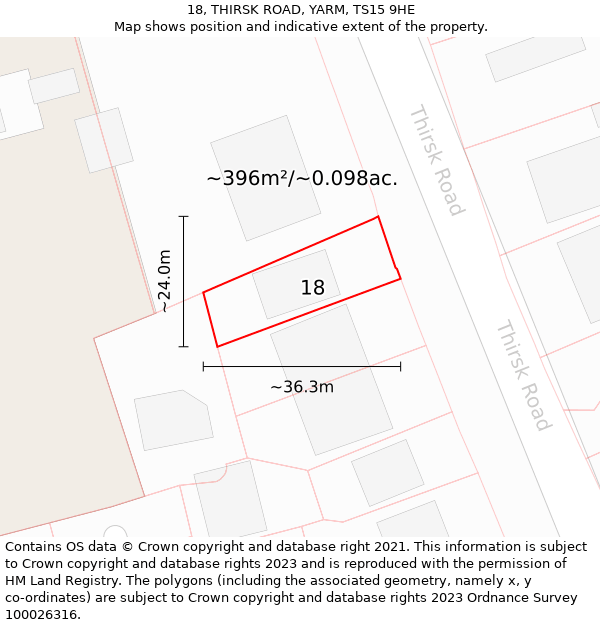 18, THIRSK ROAD, YARM, TS15 9HE: Plot and title map
