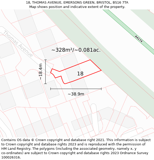 18, THOMAS AVENUE, EMERSONS GREEN, BRISTOL, BS16 7TA: Plot and title map