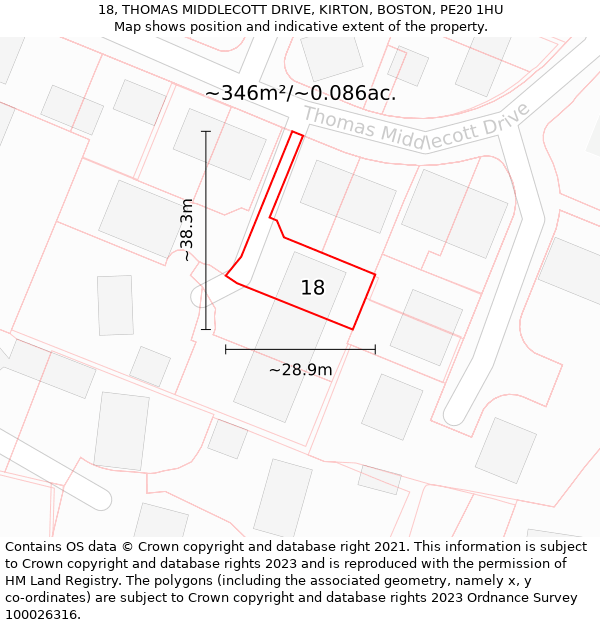 18, THOMAS MIDDLECOTT DRIVE, KIRTON, BOSTON, PE20 1HU: Plot and title map