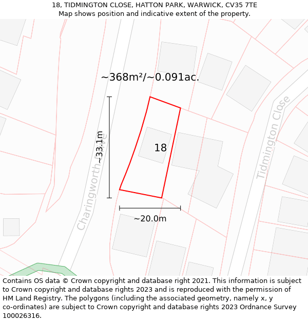 18, TIDMINGTON CLOSE, HATTON PARK, WARWICK, CV35 7TE: Plot and title map