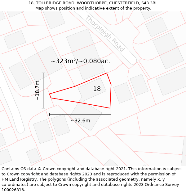 18, TOLLBRIDGE ROAD, WOODTHORPE, CHESTERFIELD, S43 3BL: Plot and title map