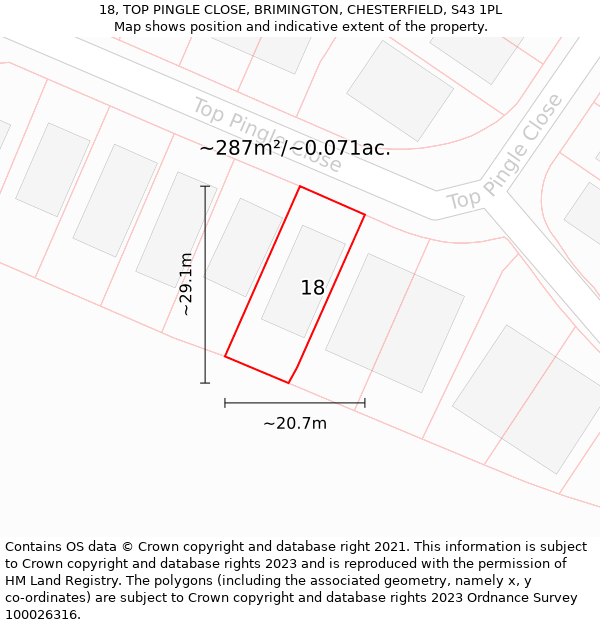 18, TOP PINGLE CLOSE, BRIMINGTON, CHESTERFIELD, S43 1PL: Plot and title map