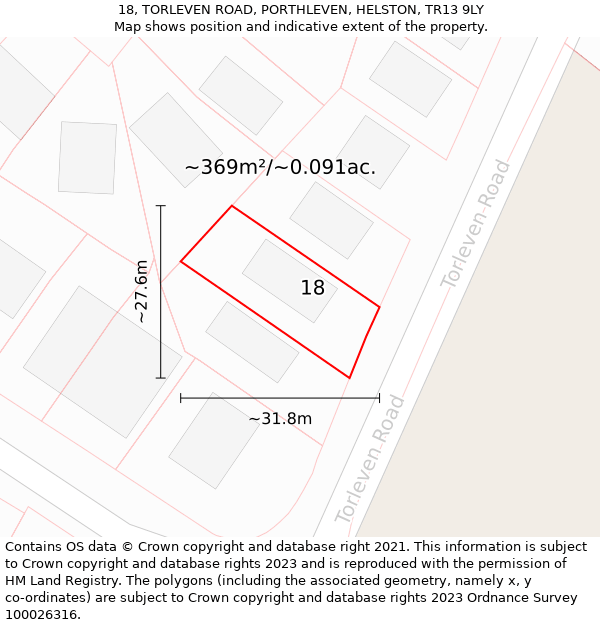 18, TORLEVEN ROAD, PORTHLEVEN, HELSTON, TR13 9LY: Plot and title map