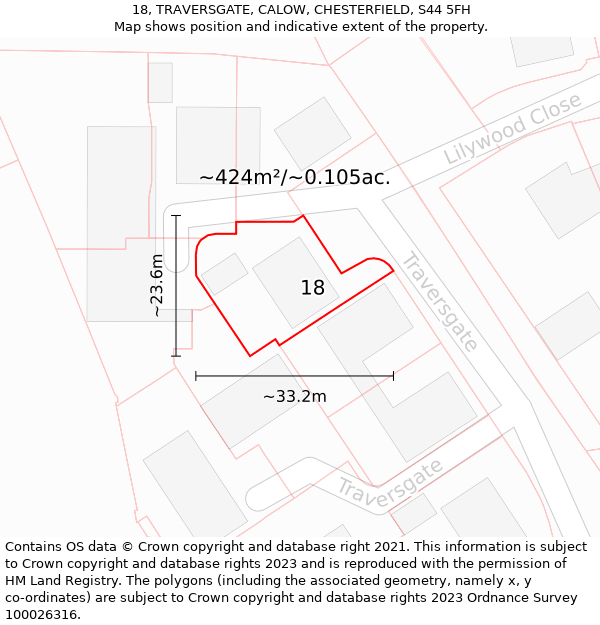 18, TRAVERSGATE, CALOW, CHESTERFIELD, S44 5FH: Plot and title map