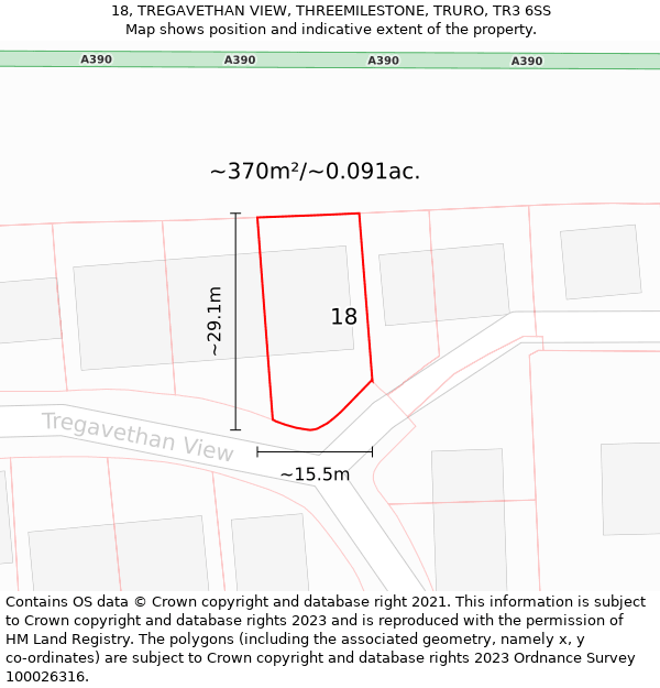 18, TREGAVETHAN VIEW, THREEMILESTONE, TRURO, TR3 6SS: Plot and title map