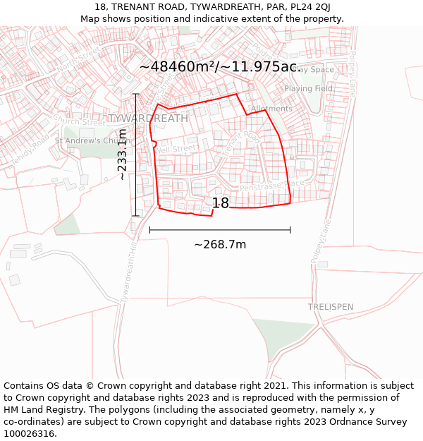 18, TRENANT ROAD, TYWARDREATH, PAR, PL24 2QJ: Plot and title map