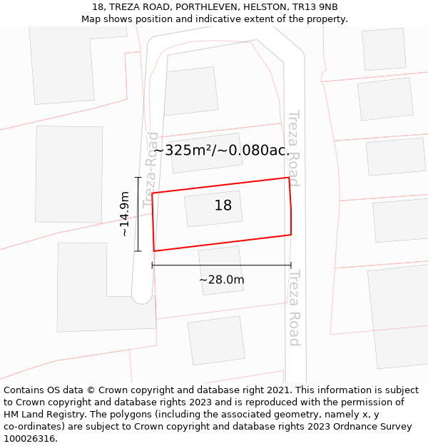 18, TREZA ROAD, PORTHLEVEN, HELSTON, TR13 9NB: Plot and title map