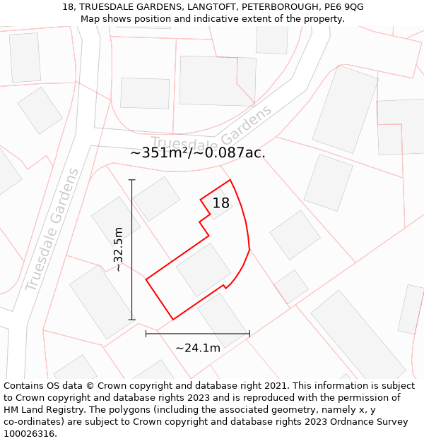 18, TRUESDALE GARDENS, LANGTOFT, PETERBOROUGH, PE6 9QG: Plot and title map