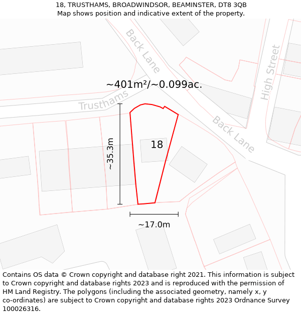 18, TRUSTHAMS, BROADWINDSOR, BEAMINSTER, DT8 3QB: Plot and title map