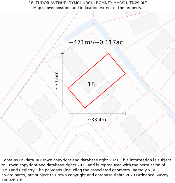 18, TUDOR AVENUE, DYMCHURCH, ROMNEY MARSH, TN29 0LT: Plot and title map