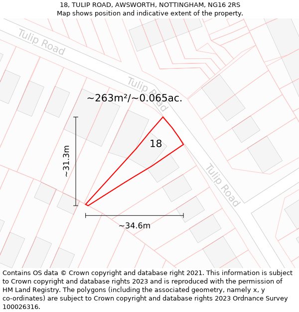 18, TULIP ROAD, AWSWORTH, NOTTINGHAM, NG16 2RS: Plot and title map