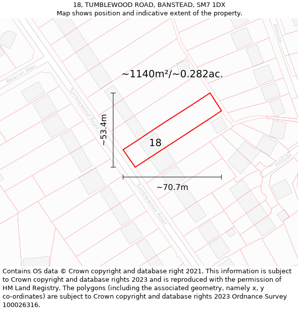 18, TUMBLEWOOD ROAD, BANSTEAD, SM7 1DX: Plot and title map