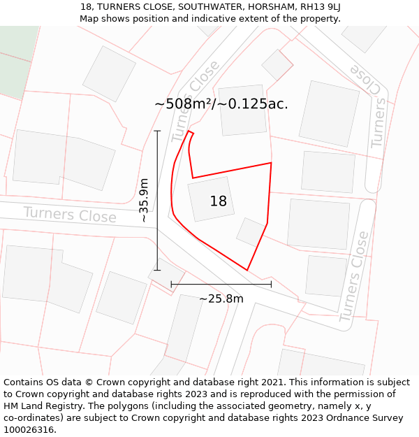 18, TURNERS CLOSE, SOUTHWATER, HORSHAM, RH13 9LJ: Plot and title map