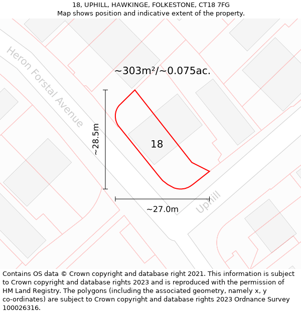 18, UPHILL, HAWKINGE, FOLKESTONE, CT18 7FG: Plot and title map