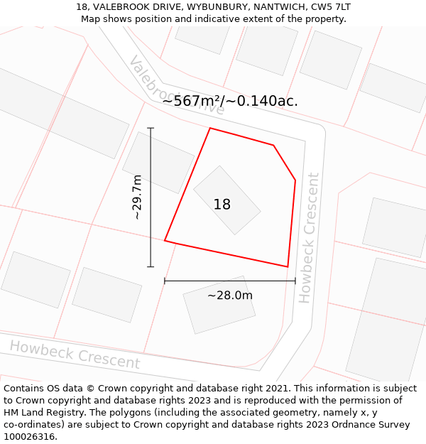 18, VALEBROOK DRIVE, WYBUNBURY, NANTWICH, CW5 7LT: Plot and title map