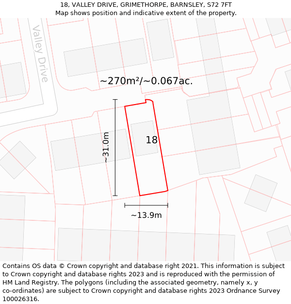 18, VALLEY DRIVE, GRIMETHORPE, BARNSLEY, S72 7FT: Plot and title map