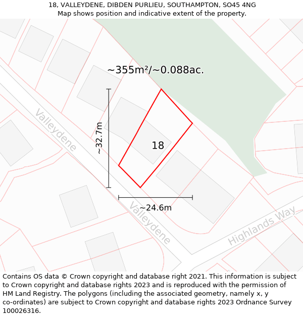 18, VALLEYDENE, DIBDEN PURLIEU, SOUTHAMPTON, SO45 4NG: Plot and title map