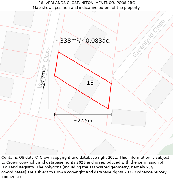 18, VERLANDS CLOSE, NITON, VENTNOR, PO38 2BG: Plot and title map