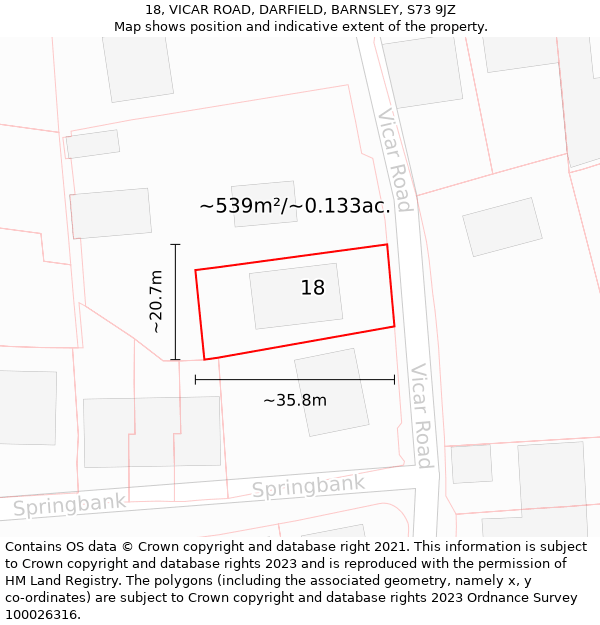 18, VICAR ROAD, DARFIELD, BARNSLEY, S73 9JZ: Plot and title map