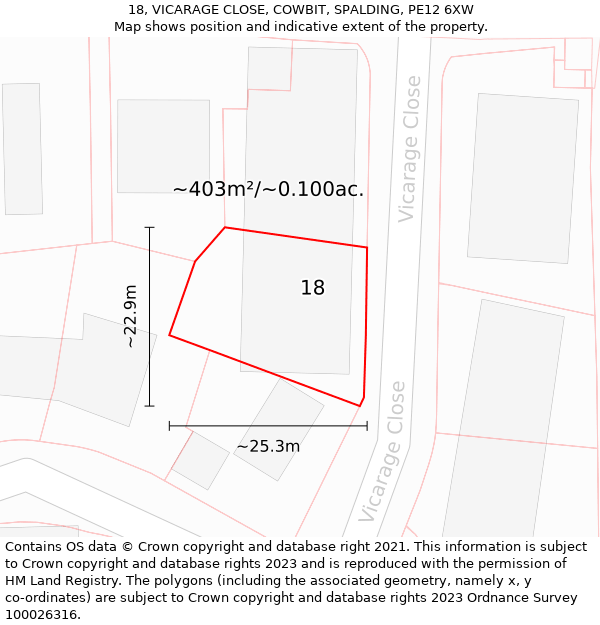 18, VICARAGE CLOSE, COWBIT, SPALDING, PE12 6XW: Plot and title map