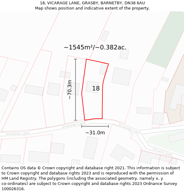 18, VICARAGE LANE, GRASBY, BARNETBY, DN38 6AU: Plot and title map