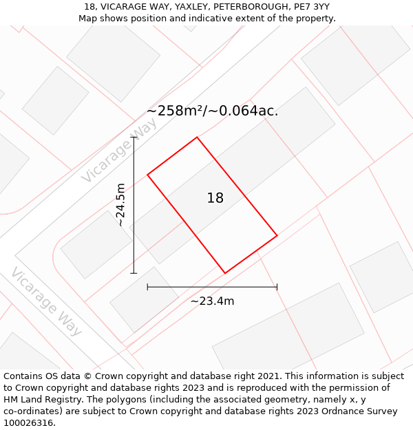 18, VICARAGE WAY, YAXLEY, PETERBOROUGH, PE7 3YY: Plot and title map