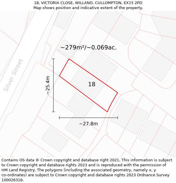 18, VICTORIA CLOSE, WILLAND, CULLOMPTON, EX15 2PD: Plot and title map