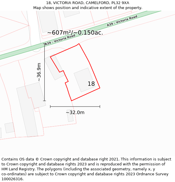 18, VICTORIA ROAD, CAMELFORD, PL32 9XA: Plot and title map