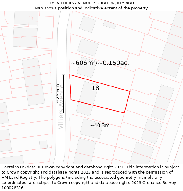 18, VILLIERS AVENUE, SURBITON, KT5 8BD: Plot and title map