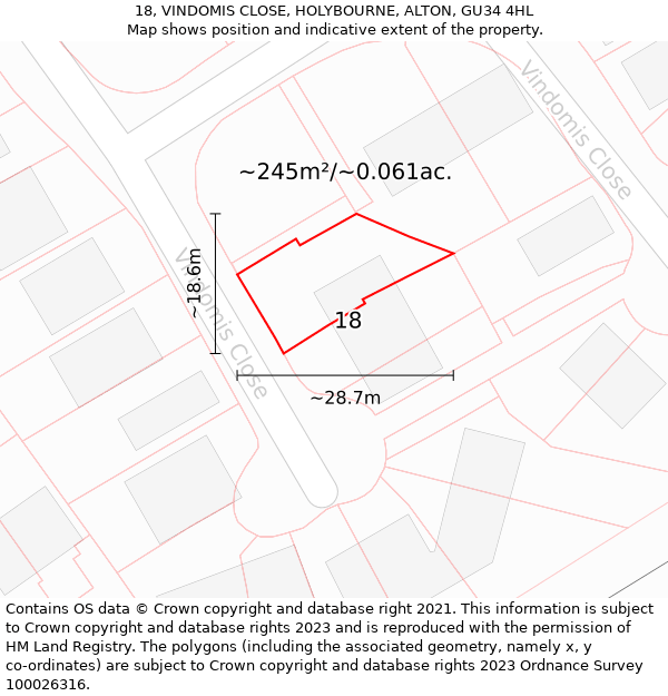 18, VINDOMIS CLOSE, HOLYBOURNE, ALTON, GU34 4HL: Plot and title map