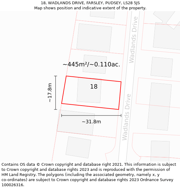 18, WADLANDS DRIVE, FARSLEY, PUDSEY, LS28 5JS: Plot and title map