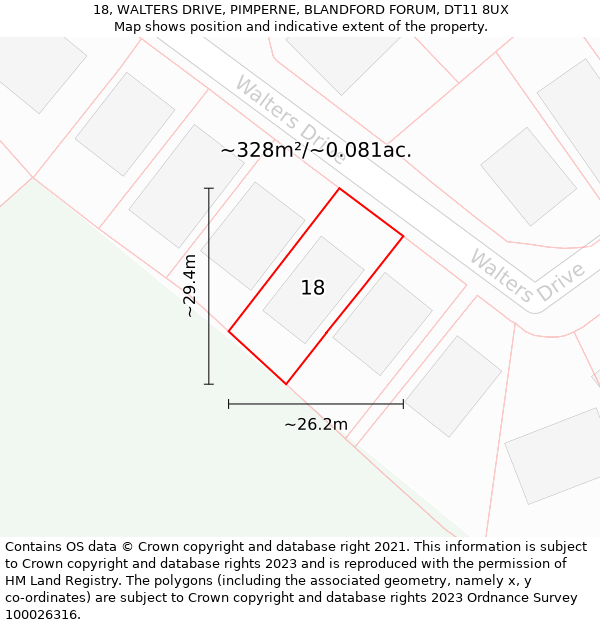 18, WALTERS DRIVE, PIMPERNE, BLANDFORD FORUM, DT11 8UX: Plot and title map