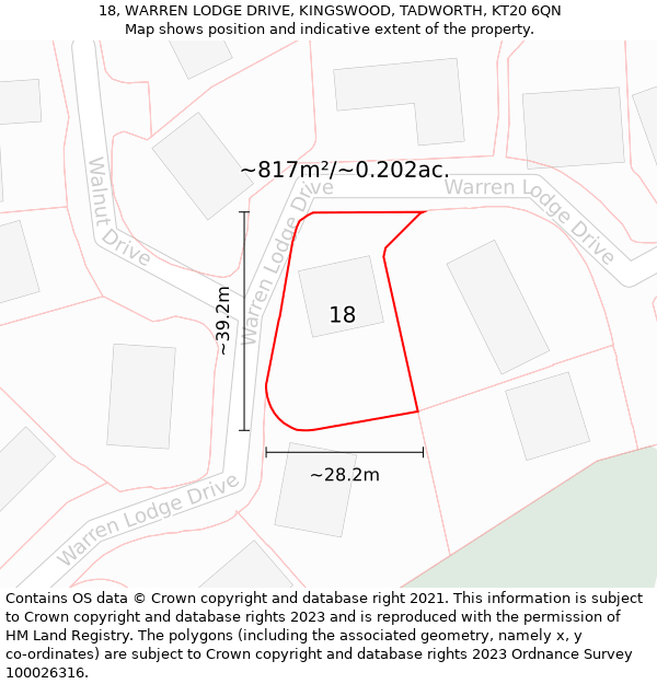 18, WARREN LODGE DRIVE, KINGSWOOD, TADWORTH, KT20 6QN: Plot and title map