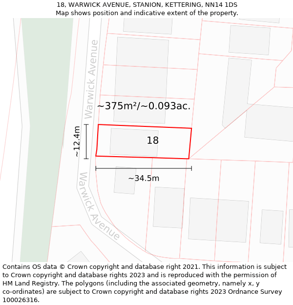 18, WARWICK AVENUE, STANION, KETTERING, NN14 1DS: Plot and title map