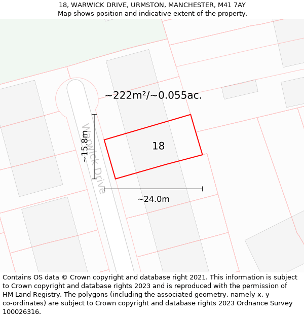 18, WARWICK DRIVE, URMSTON, MANCHESTER, M41 7AY: Plot and title map