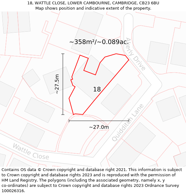 18, WATTLE CLOSE, LOWER CAMBOURNE, CAMBRIDGE, CB23 6BU: Plot and title map