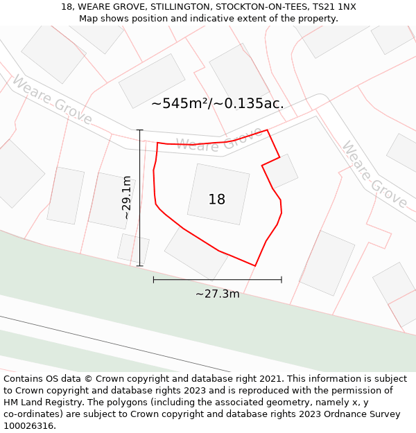 18, WEARE GROVE, STILLINGTON, STOCKTON-ON-TEES, TS21 1NX: Plot and title map