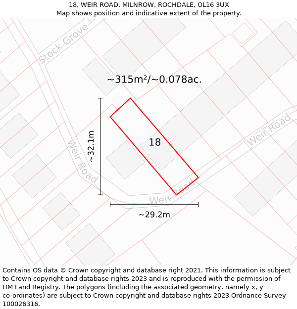 18, WEIR ROAD, MILNROW, ROCHDALE, OL16 3UX: Plot and title map