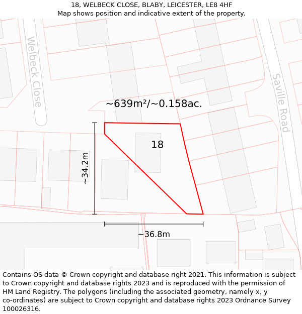 18, WELBECK CLOSE, BLABY, LEICESTER, LE8 4HF: Plot and title map