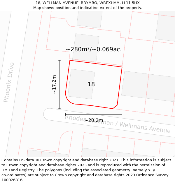 18, WELLMAN AVENUE, BRYMBO, WREXHAM, LL11 5HX: Plot and title map