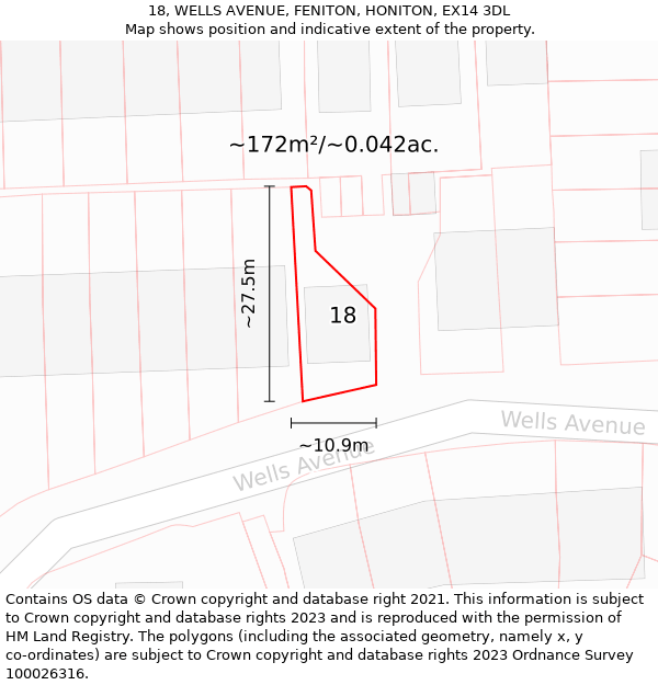 18, WELLS AVENUE, FENITON, HONITON, EX14 3DL: Plot and title map