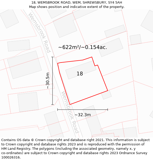 18, WEMSBROOK ROAD, WEM, SHREWSBURY, SY4 5AH: Plot and title map